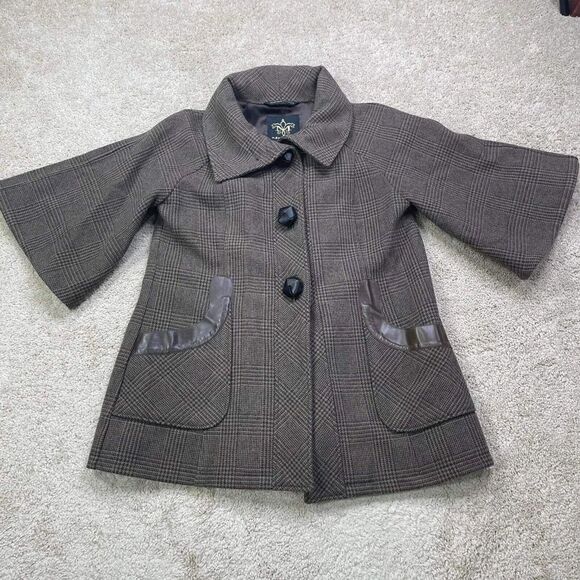 VTG Mackage Brown Tweed Houndstooth Wool Coat Sz M High Collar Button jacket - Picture 1 of 12
